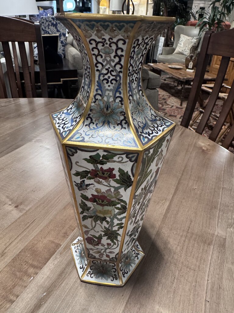 Antique Flower Cloisonne Brass Asian Vase- 5X12H