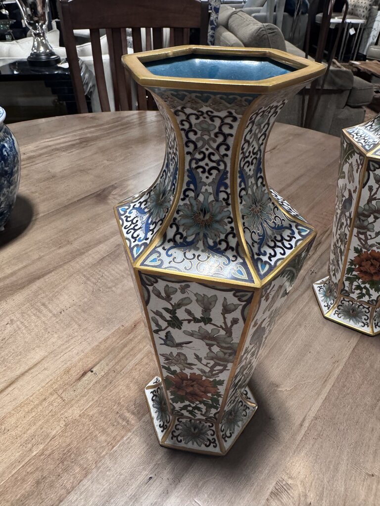 Antique Flower Cloisonne Brass Asian Vase- 5X12H
