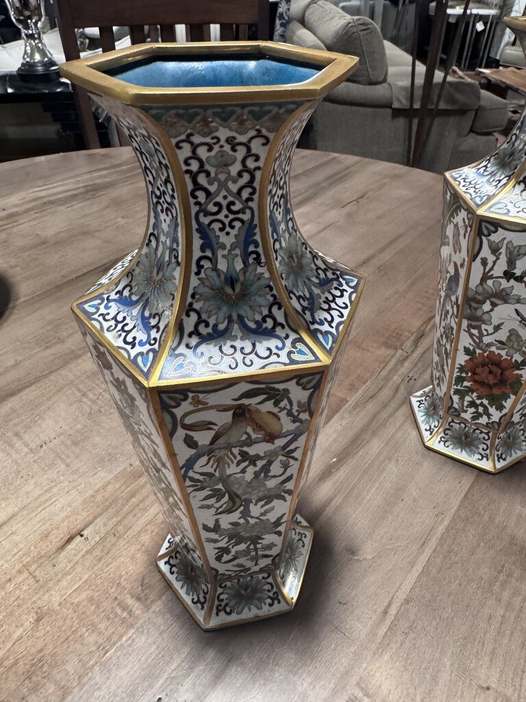 Antique Flower Cloisonne Brass Asian Vase- 5X12H