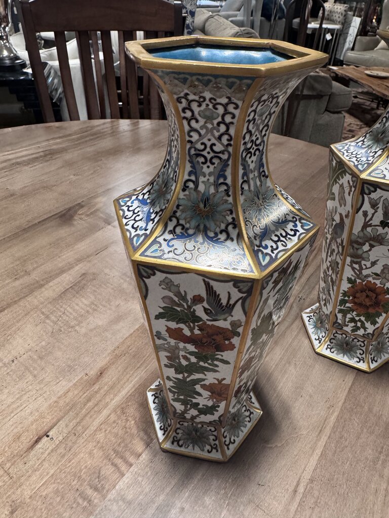 Antique Flower Cloisonne Brass Asian Vase- 5X12H