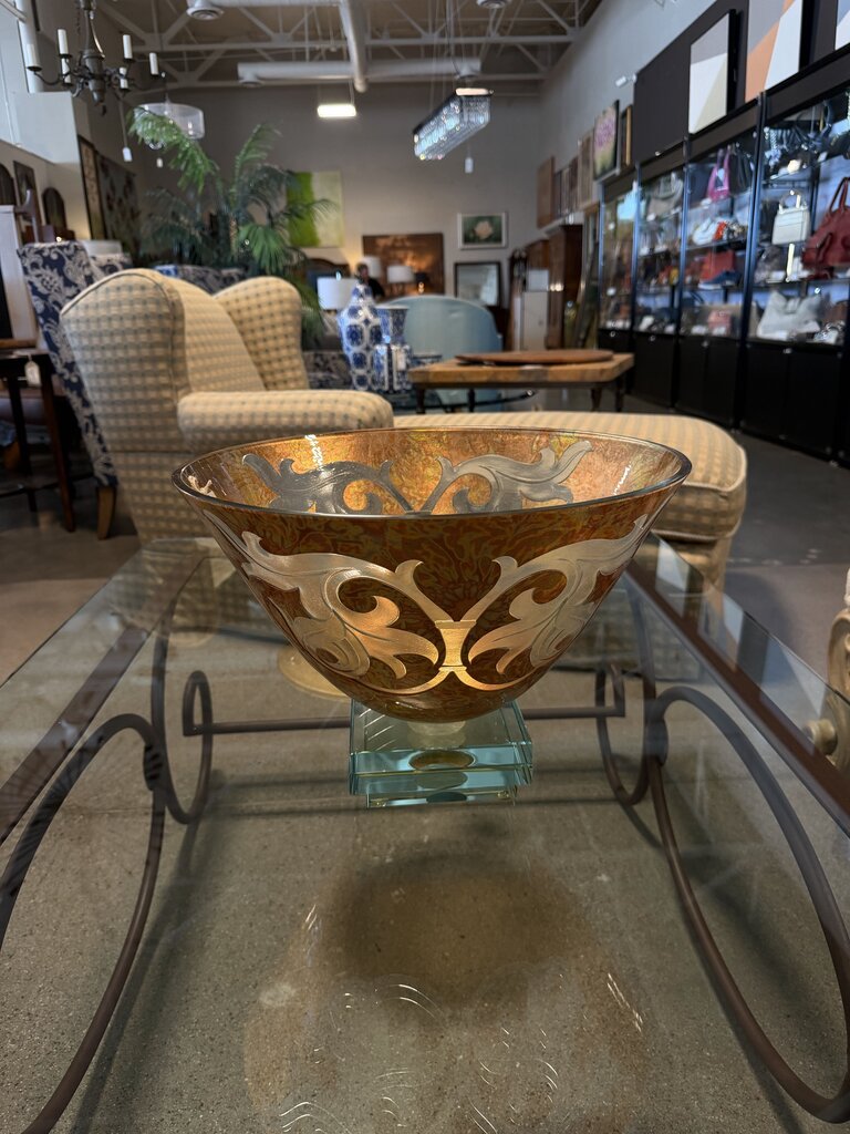 Gold Etched Artglass Bowl On Glass Stand- 15.5X11H