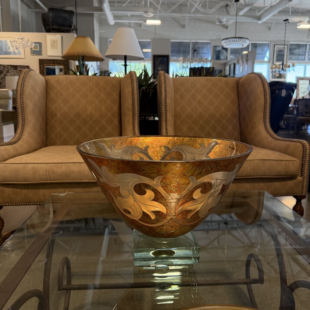 Gold Etched Artglass Bowl On Glass Stand- 15.5X11H
