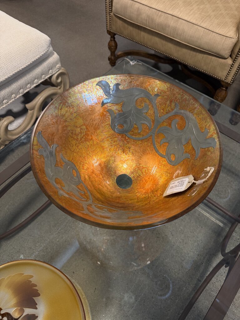 Gold Etched Artglass Bowl On Glass Stand- 15.5X11H