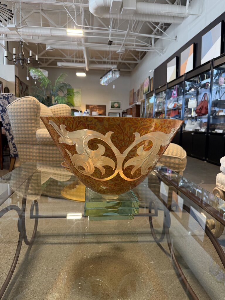 Gold Etched Artglass Bowl On Glass Stand- 15.5X11H