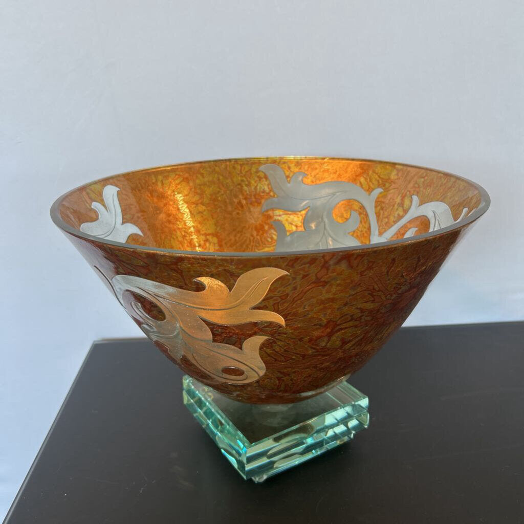 Gold Etched Artglass Bowl On Glass Stand- 15.5X11H