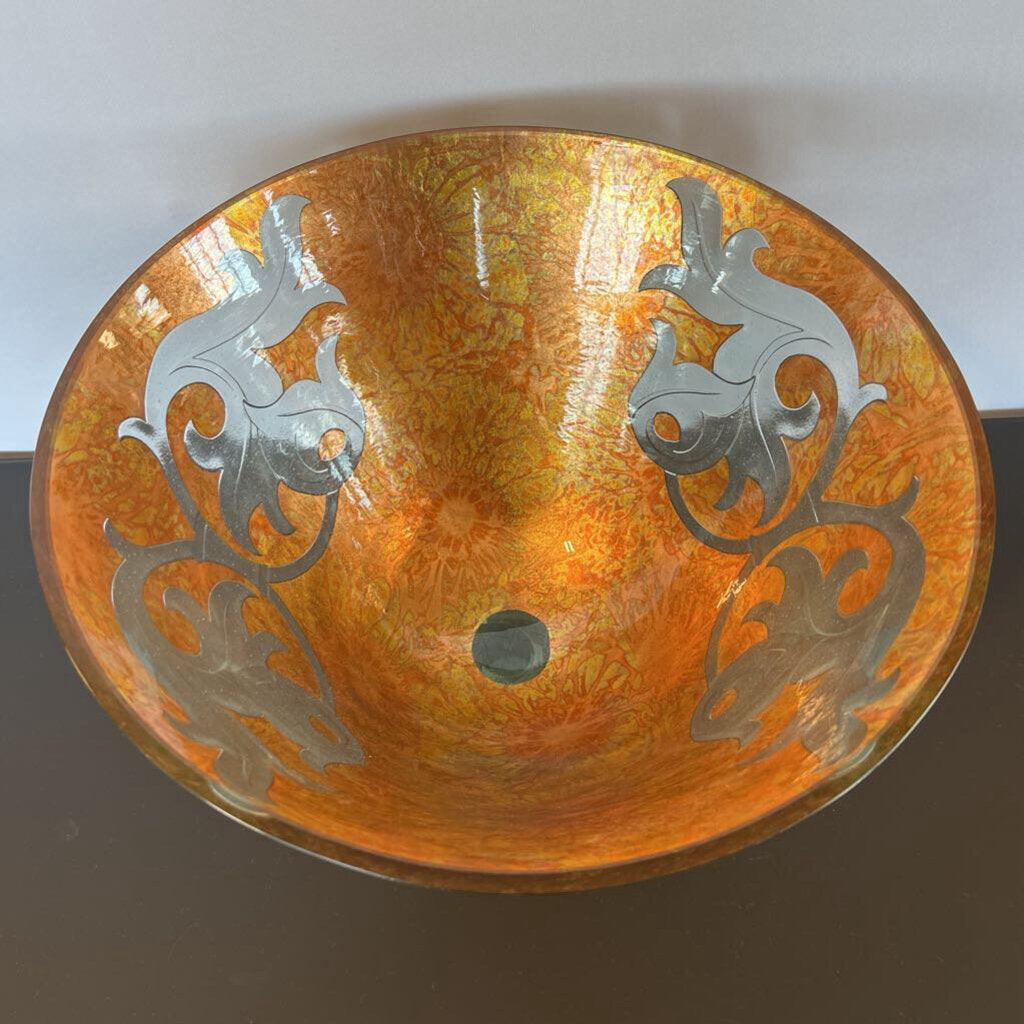Gold Etched Artglass Bowl On Glass Stand- 15.5X11H