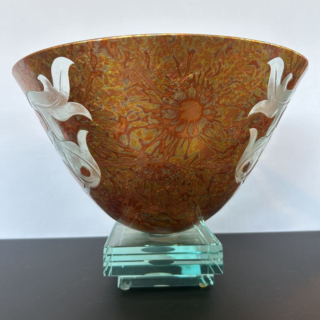 Gold Etched Artglass Bowl On Glass Stand- 15.5X11H