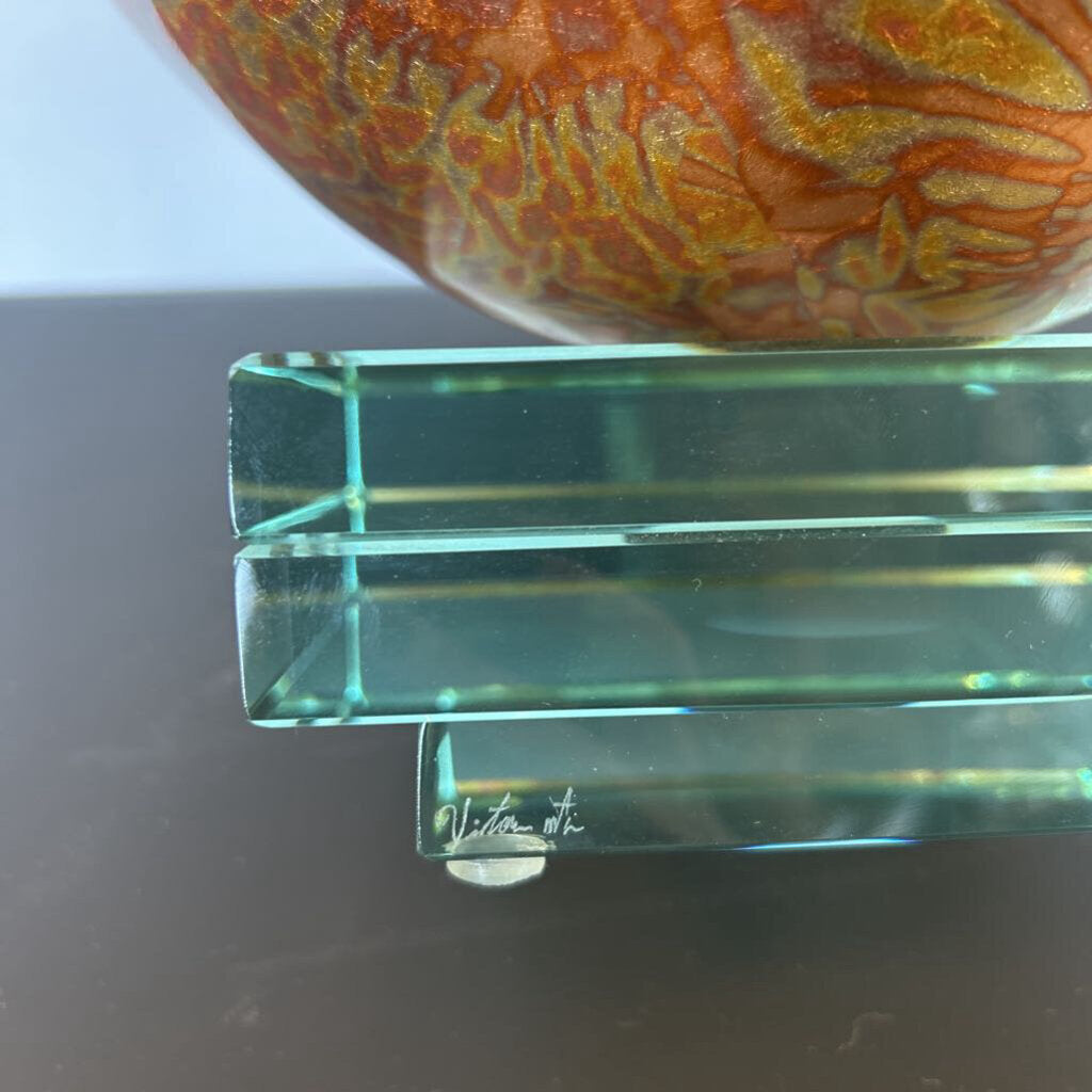 Gold Etched Artglass Bowl On Glass Stand- 15.5X11H
