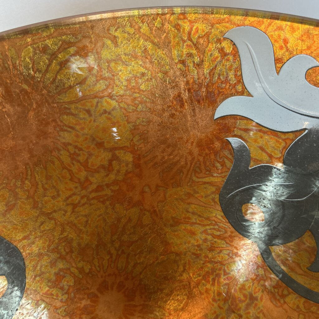Gold Etched Artglass Bowl On Glass Stand- 15.5X11H