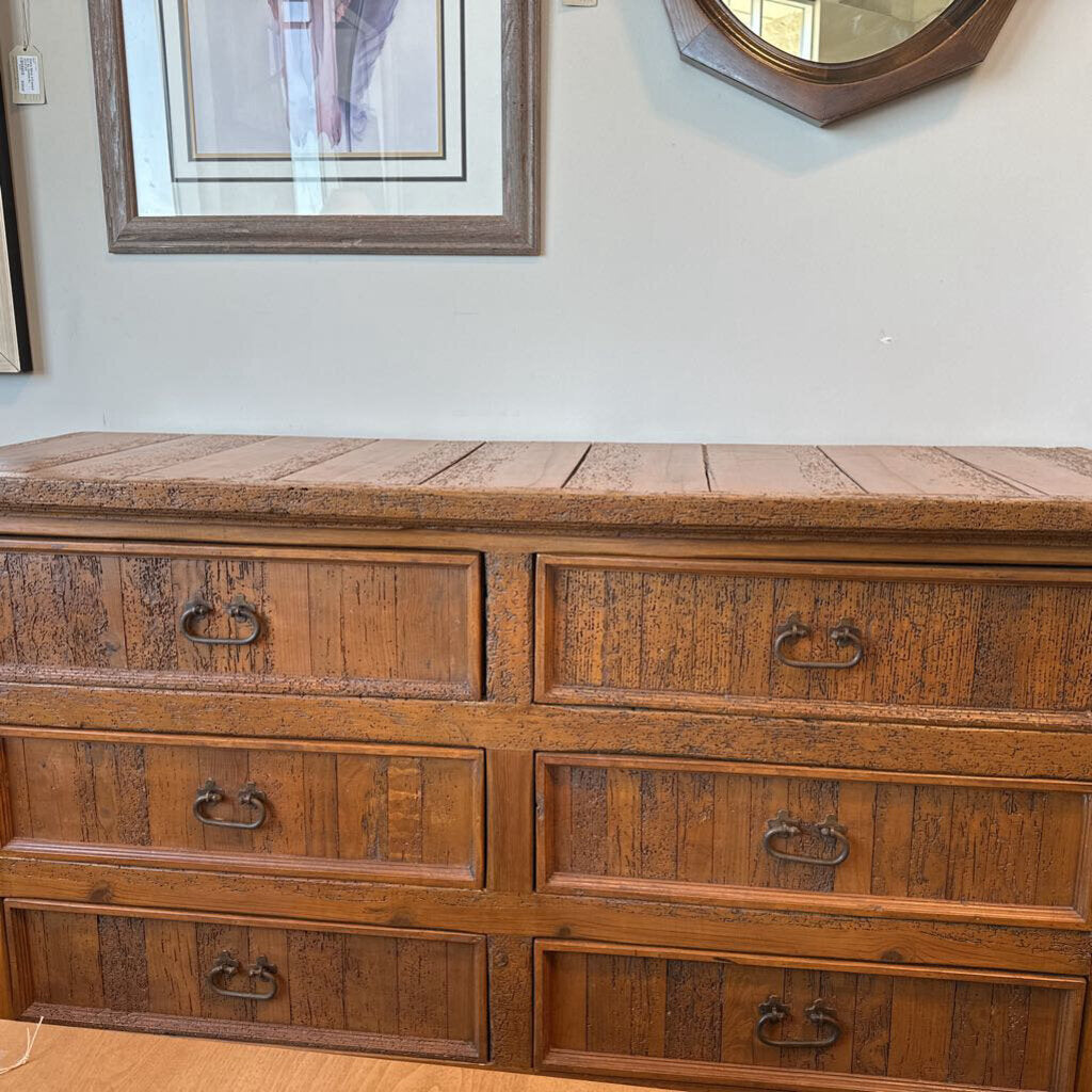 Rustic 6 Drawer Worm Wood Dresser- 63X20X33H
