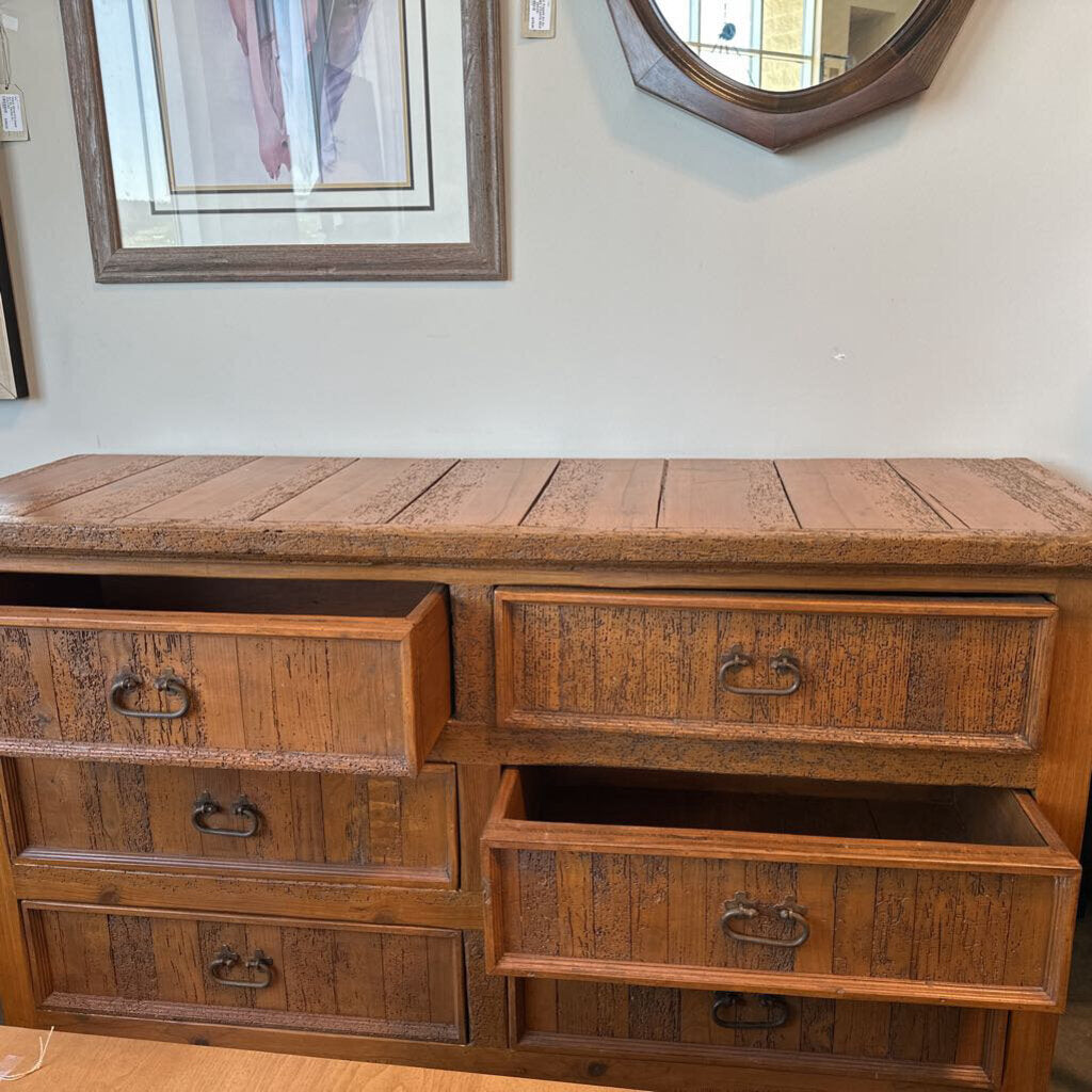 Rustic 6 Drawer Worm Wood Dresser- 63X20X33H