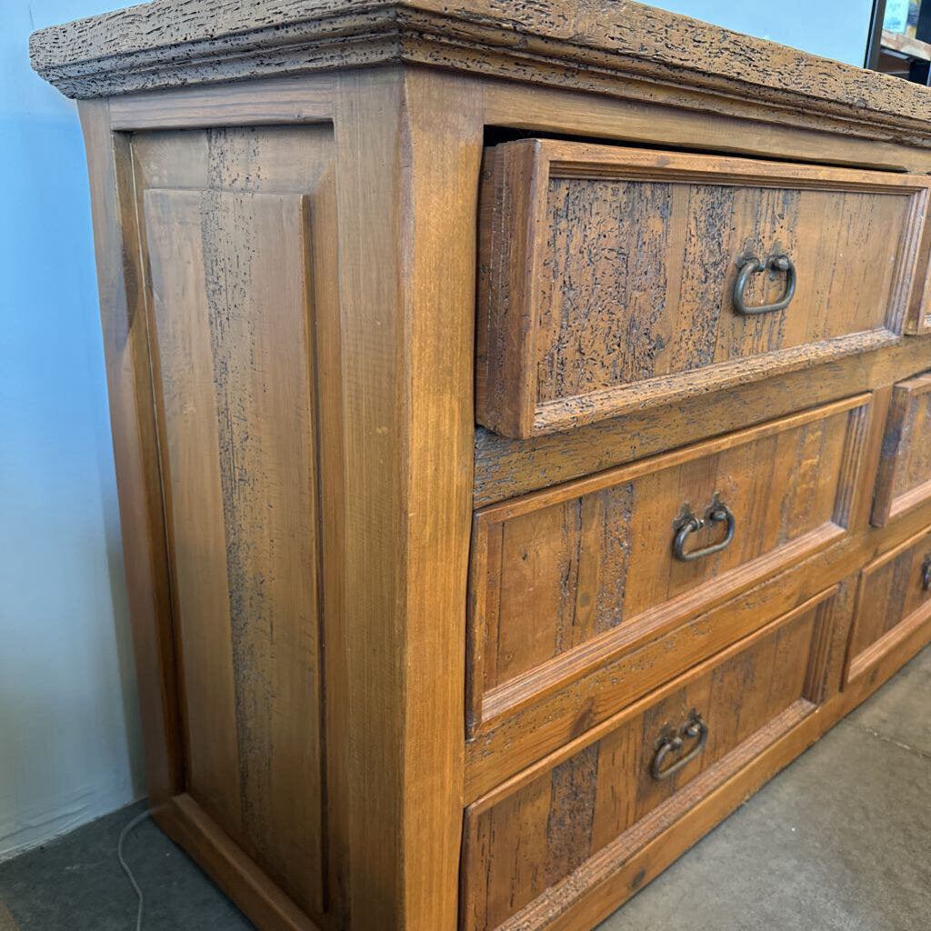 Rustic 6 Drawer Worm Wood Dresser- 63X20X33H