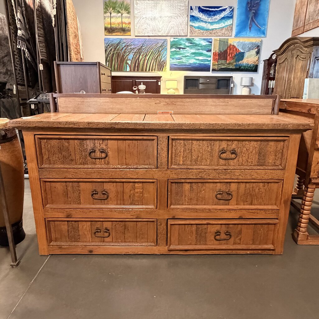 Rustic 6 Drawer Worm Wood Dresser- 63X20X33H