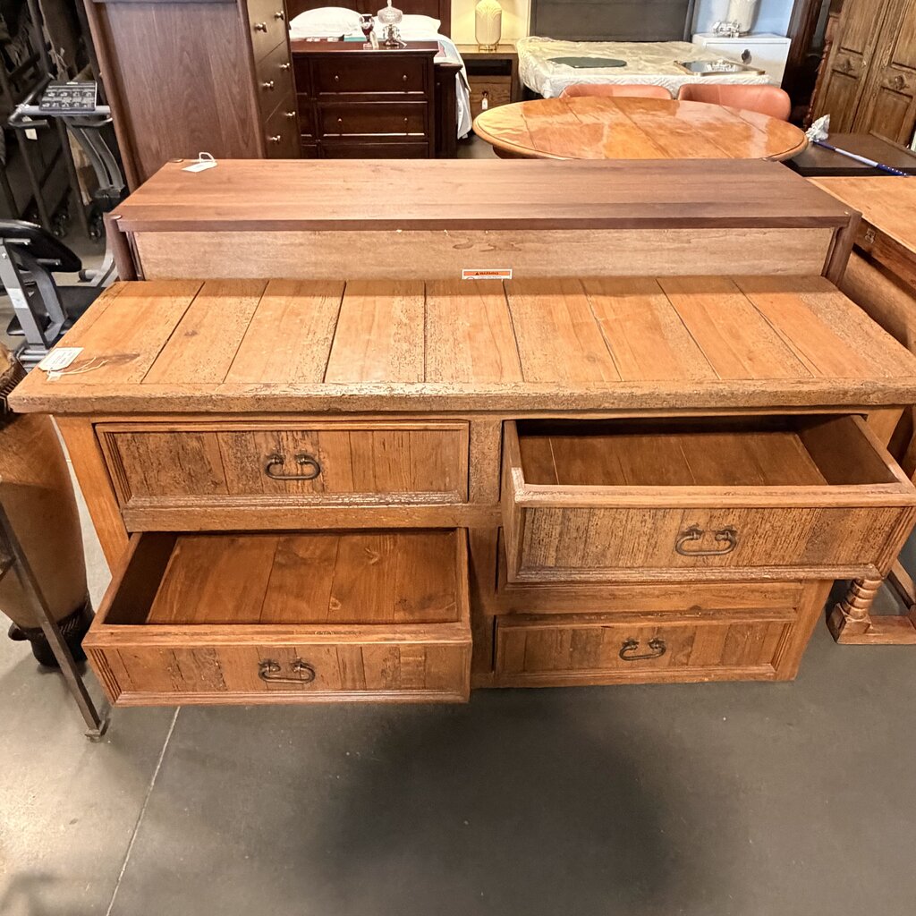 Rustic 6 Drawer Worm Wood Dresser- 63X20X33H