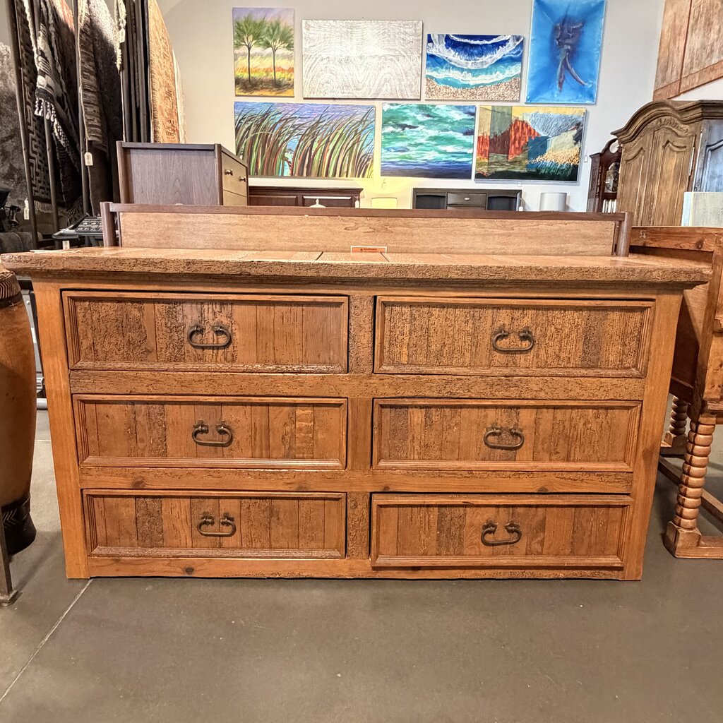 Rustic 6 Drawer Worm Wood Dresser- 63X20X33H