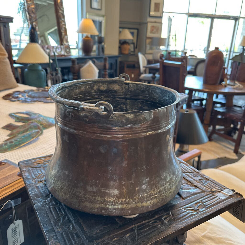 Vintage Small Copper Pot W/ Brass Handle - 12X9H