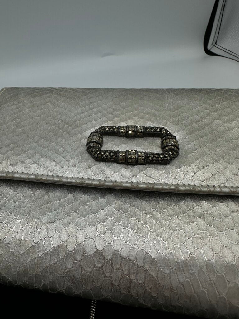 Judith Jack Silver Snake-Embossed Metallic Leather Convertible Clutch