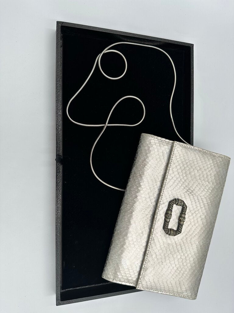 Judith Jack Silver Snake-Embossed Metallic Leather Convertible Clutch