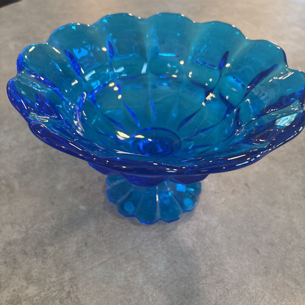 Vintage Blue Glass Pedestal Bowl- 9.5X6H