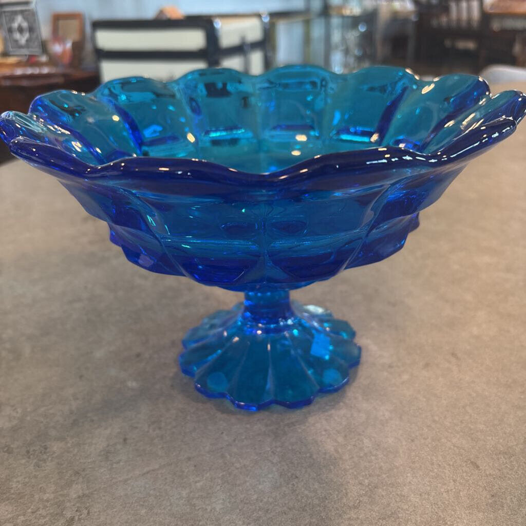 Vintage Blue Glass Pedestal Bowl- 9.5X6H