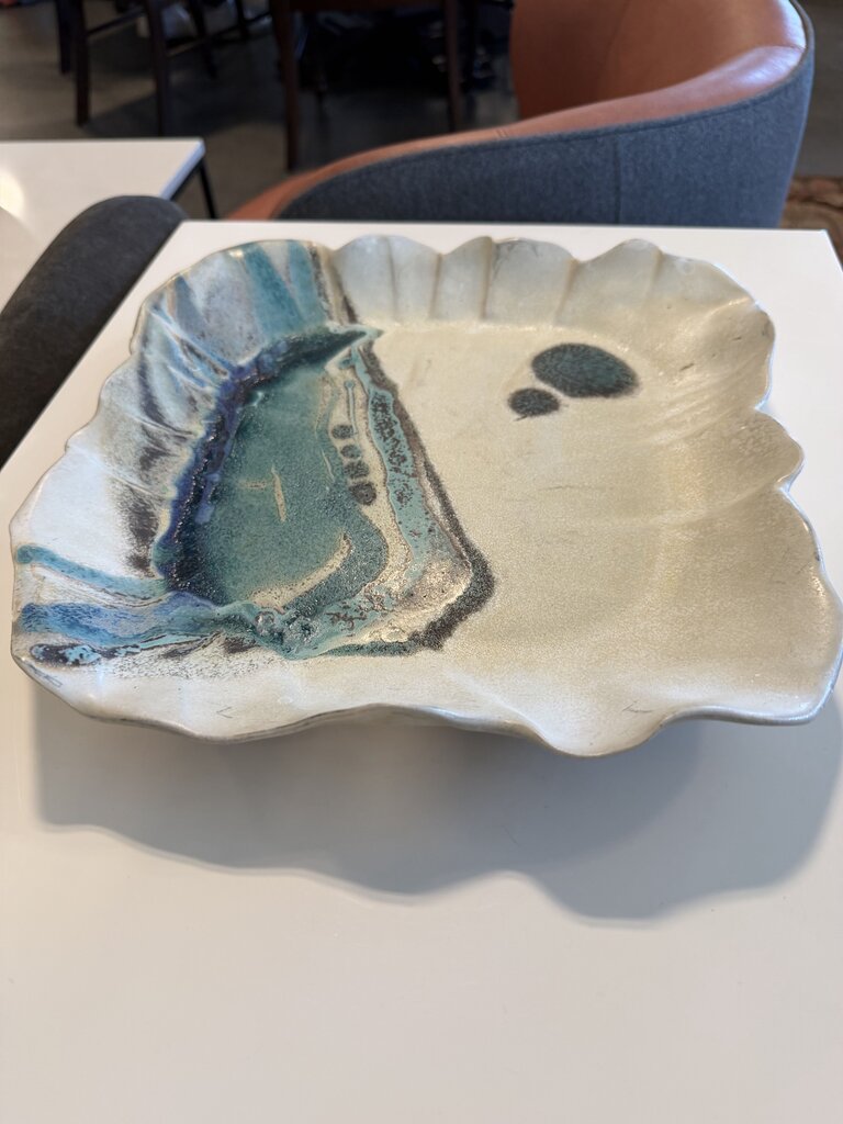 Square Cream & Blue Pottery Plate- AS IS-