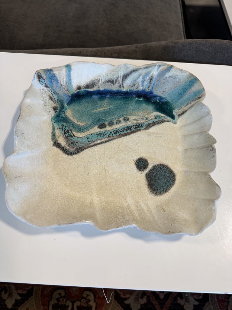Square Cream & Blue Pottery Plate- AS IS-