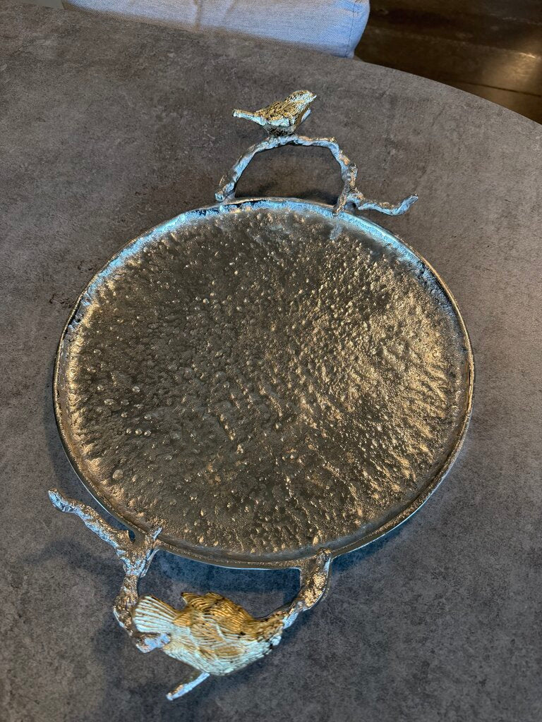 Round Textured "Silver" Tray W/ Bird Handles-