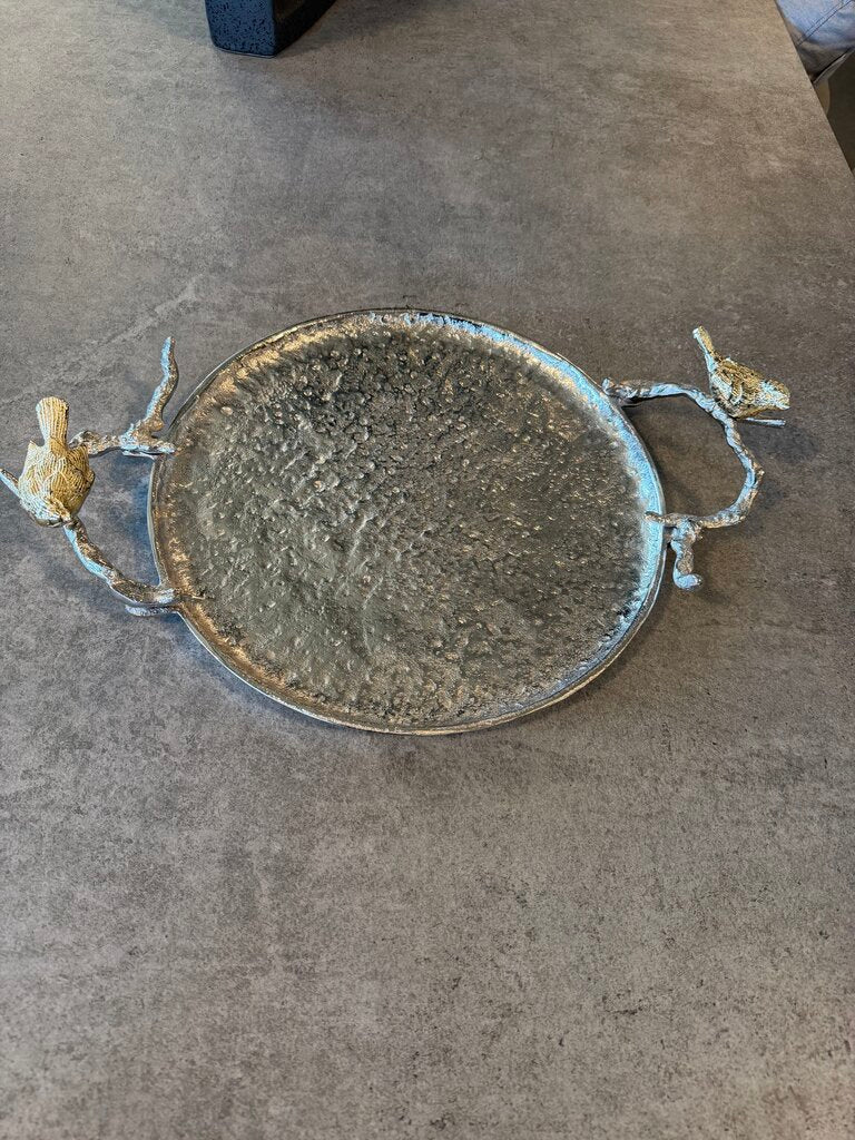 Round Textured "Silver" Tray W/ Bird Handles-