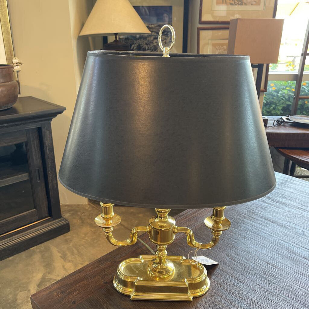 Vintage Brass Double Arm Lamp W/ Black Shade - 13X14X24