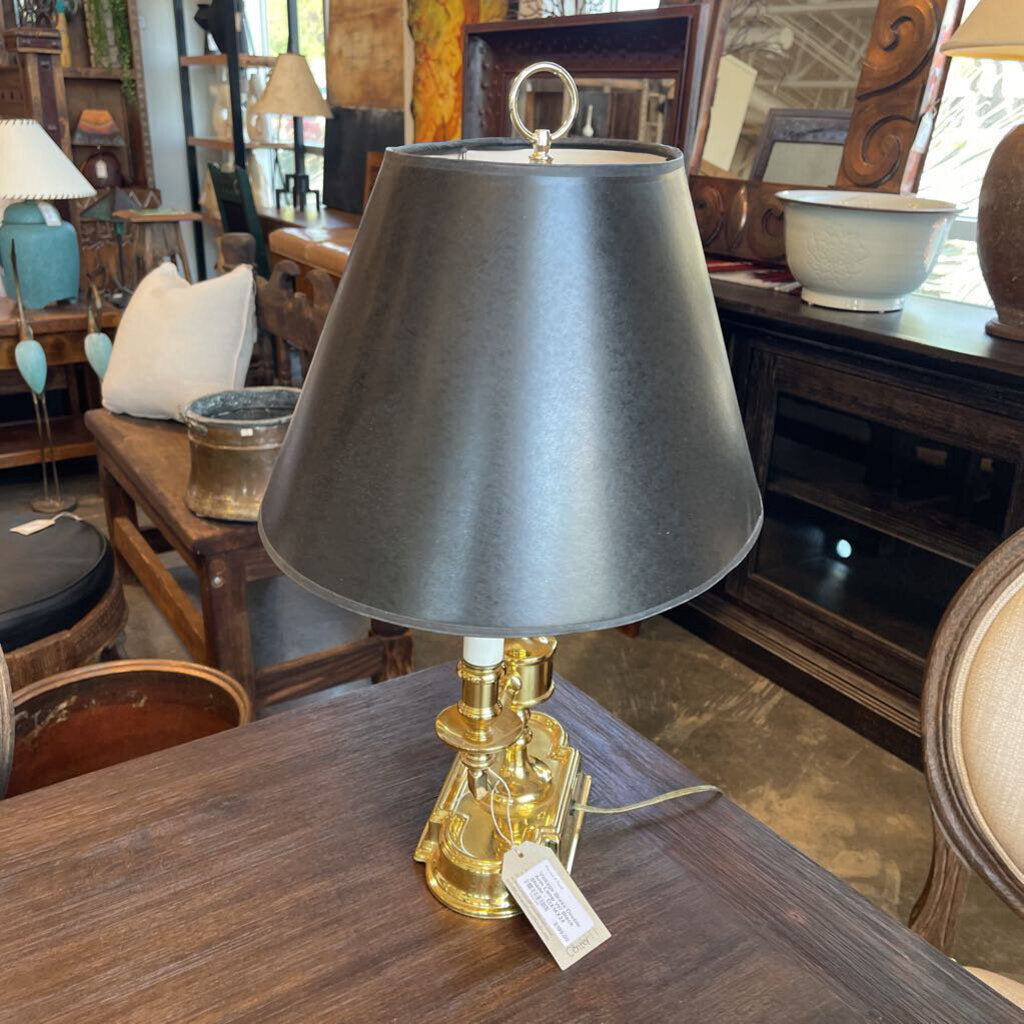 Vintage Brass Double Arm Lamp W/ Black Shade - 13X14X24