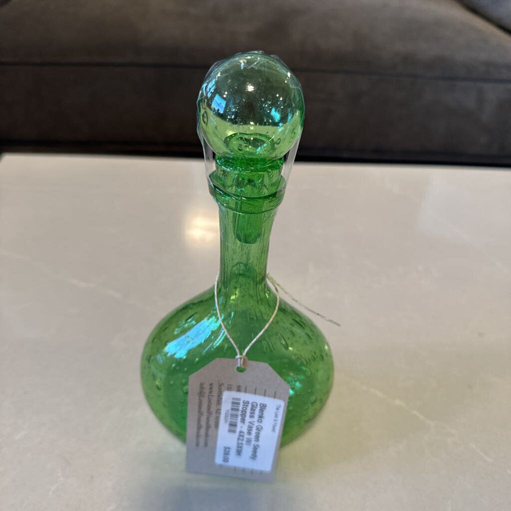 Blenko Green Seedy Glass Vase W/ Stopper - 4X2.5X9H