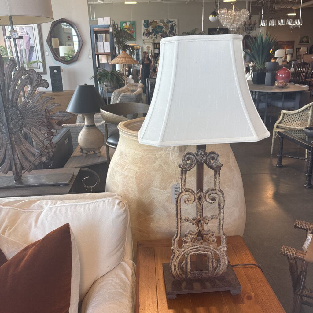 Vintage Metal Scroll Lamp W/Cream Wash- AS IS-14.5X32.5H