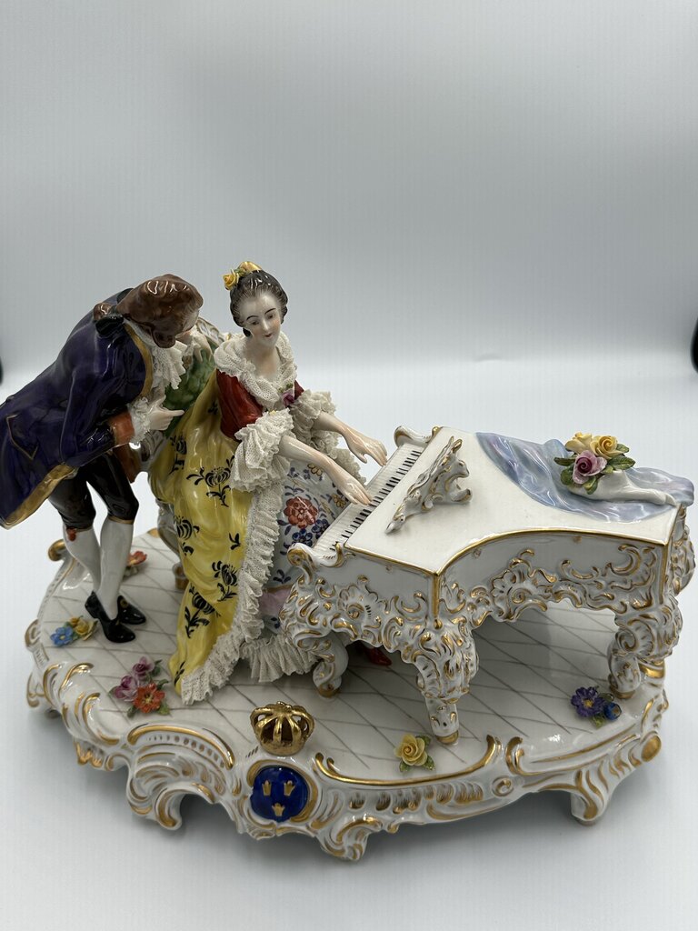 19th C. Dresden Porcelain Tableau Man & Woman at Piano- AS IS- 11X6.5X12H