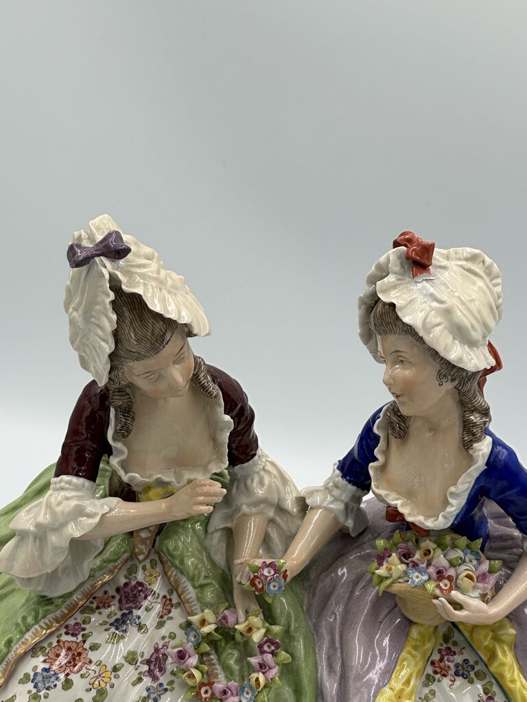 19th C. Dresden "Two Ladies Making a Flower Wreath" Figurine - 10X5X9.5H AS IS