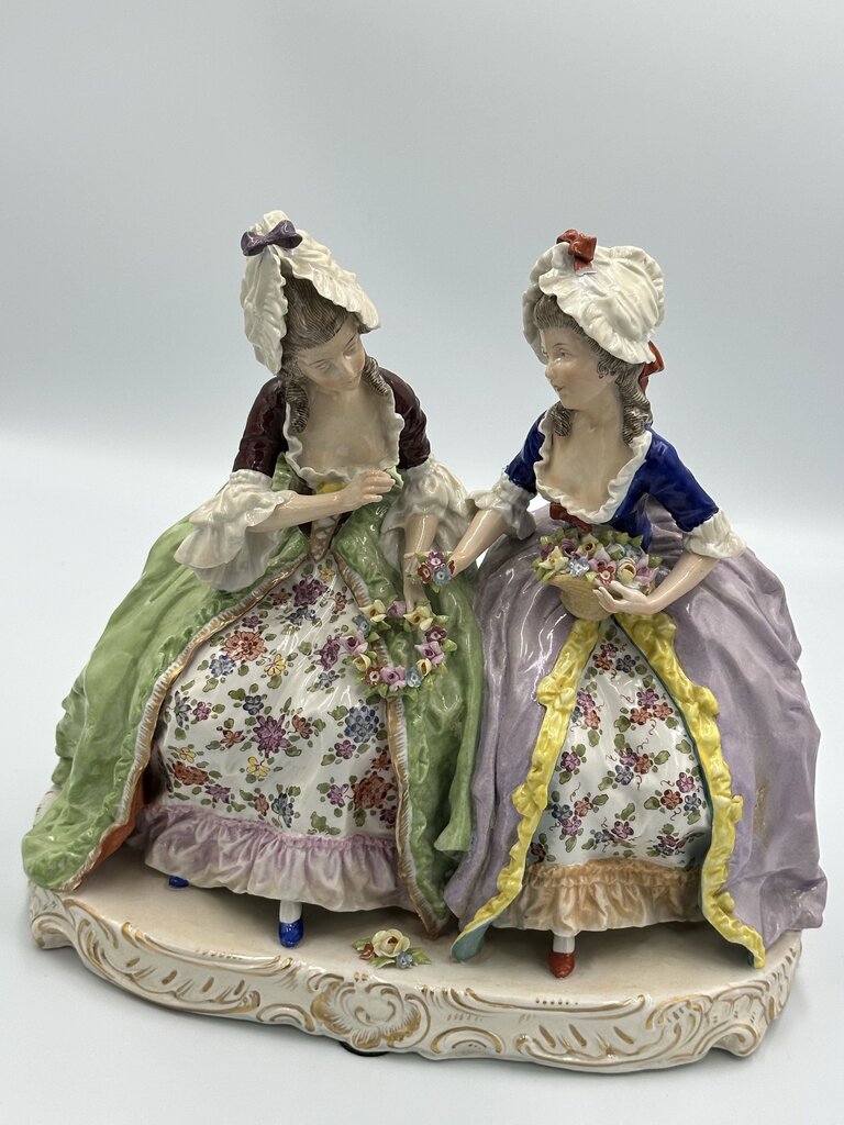 19th C. Dresden "Two Ladies Making a Flower Wreath" Figurine - 10X5X9.5HAS IS
