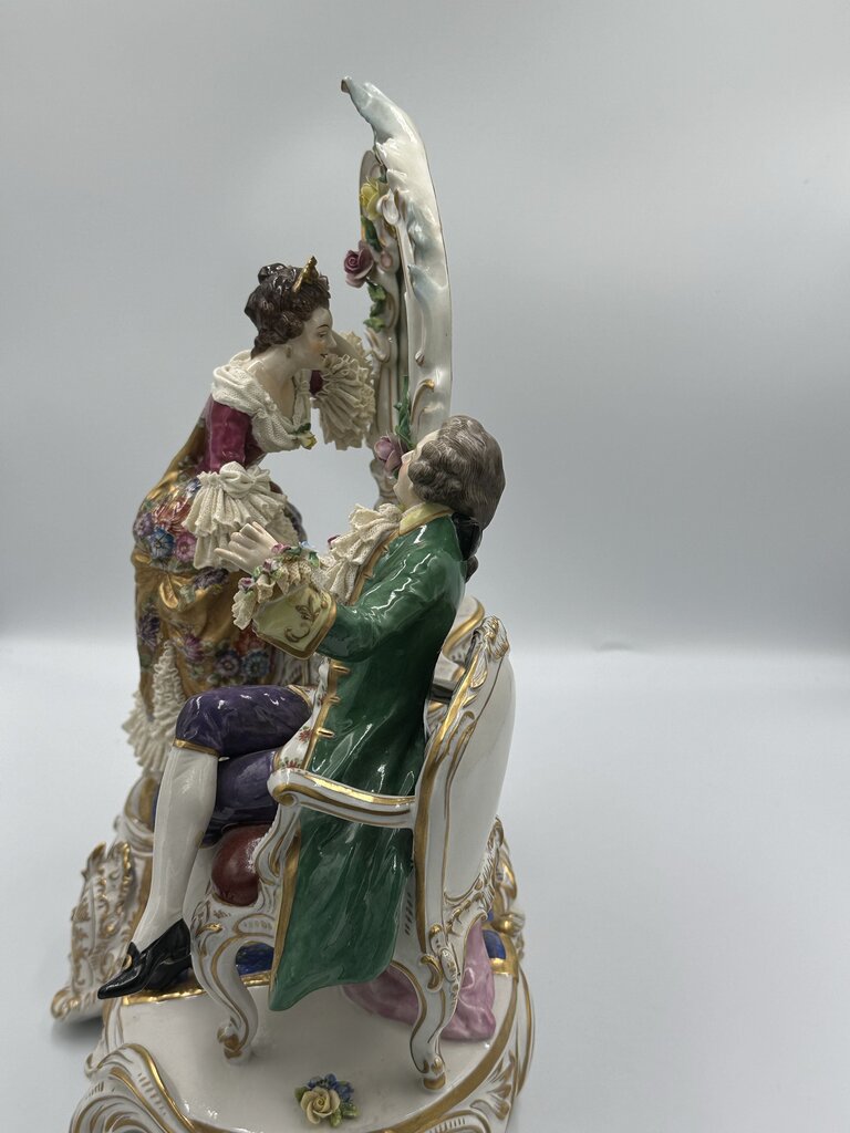 19th C. Dresden Porcelain Woman and Man At Mirror-12.5X6.5X14.5 - AS IS