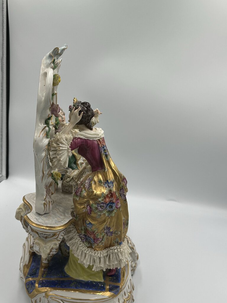 19th C. Dresden Porcelain Woman and Man At Mirror-12.5X6.5X14.5 - AS IS