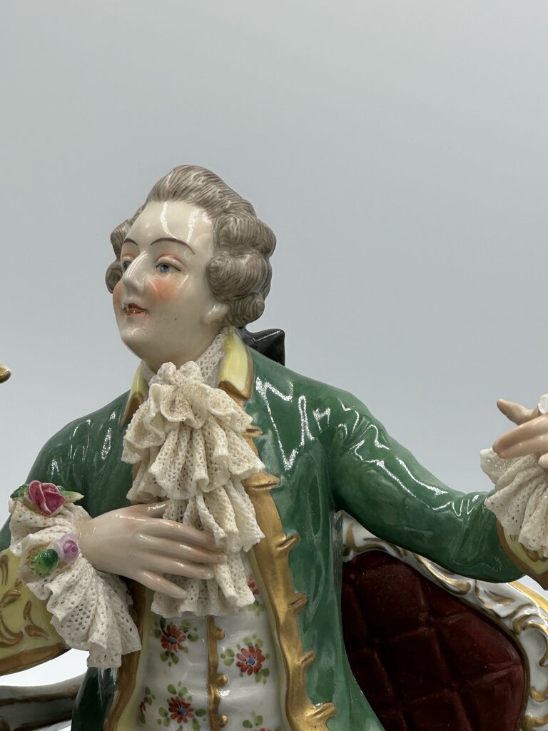 19th C. Dresden Porcelain Woman and Man At Mirror-12.5X6.5X14.5 - AS IS