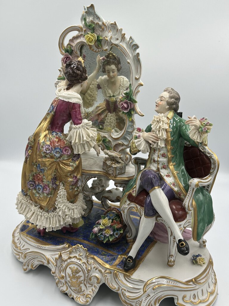 19th C. Dresden Porcelain Woman and Man At Mirror-12.5X6.5X14.5 - AS IS