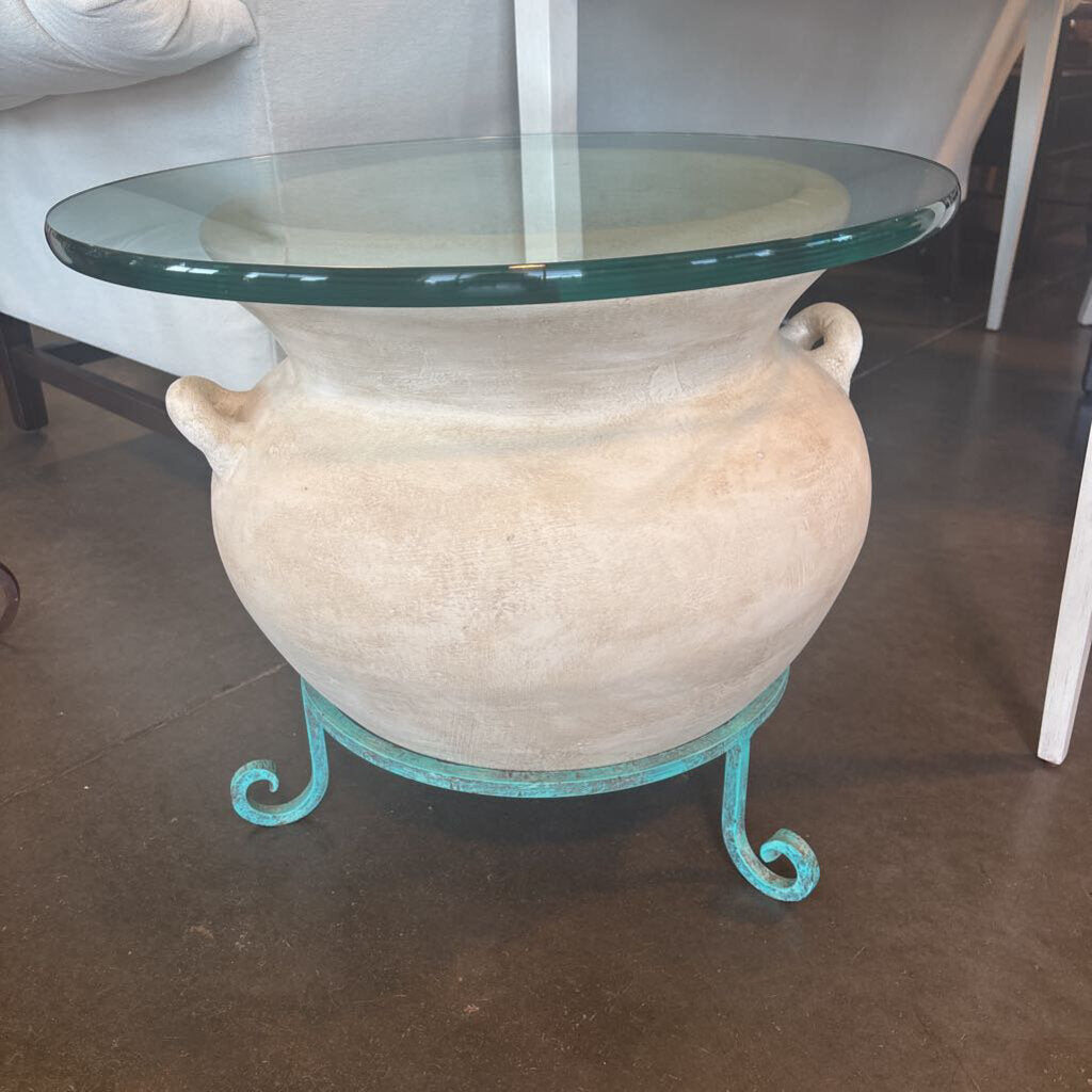 White Pot On Stand W/ Round Glass Top Side Table - 24X20H