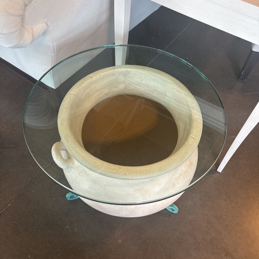 White Pot On Stand W/ Round Glass Top Side Table - 24X20H