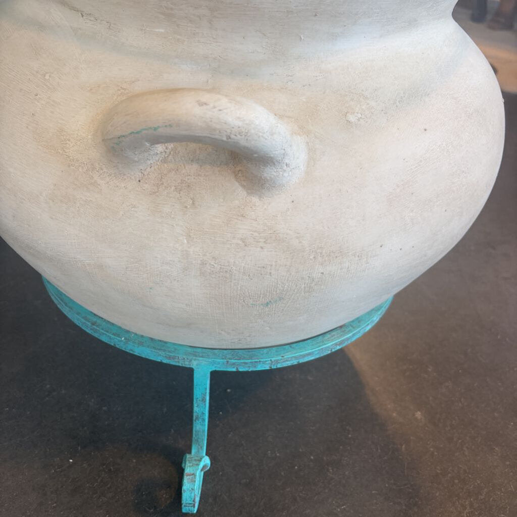 White Pot On Stand W/ Round Glass Top Side Table - 24X20H