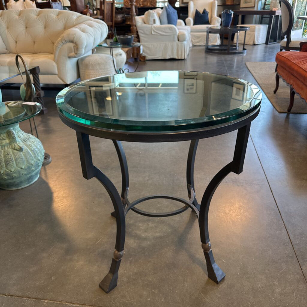 Round Wrought Iron Side Table W/ Glass Top - 27X28H