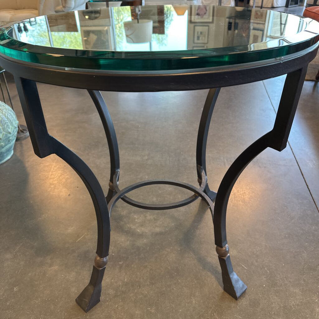 Round Wrought Iron Side Table W/ Glass Top - 27X28H