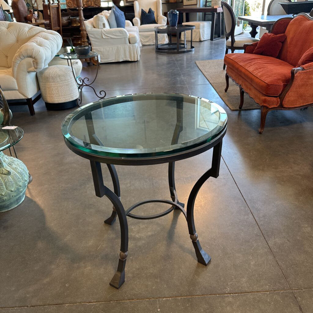 Round Wrought Iron Side Table W/ Glass Top - 27X28H
