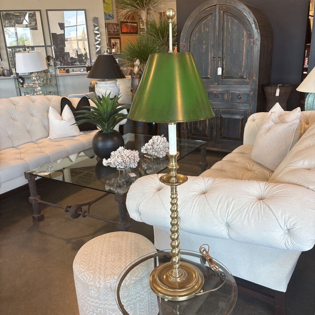 Frederick Cooper Brass Candlestick Lamp W/ Green Shade - 11X37H