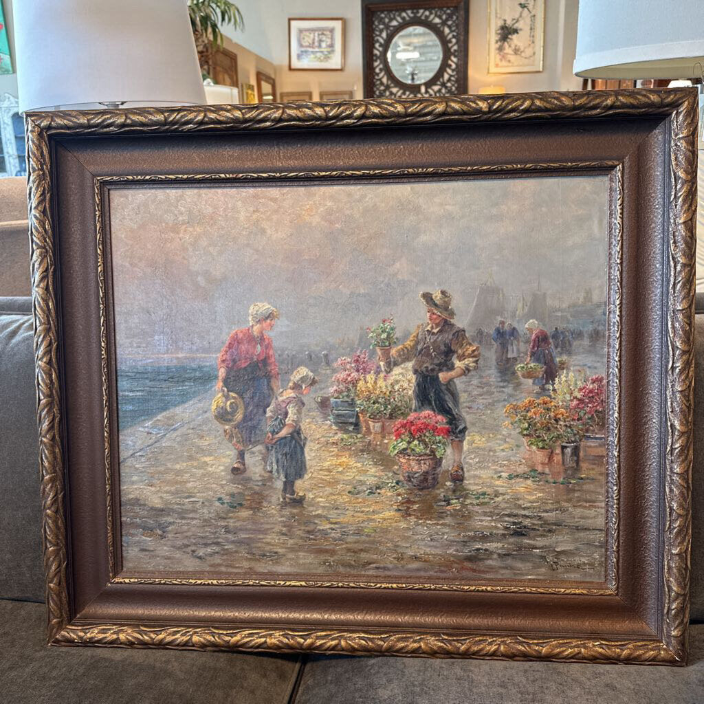 Original Gustav Prucha "Flower Sellers by the Dock" - 34X29.5H