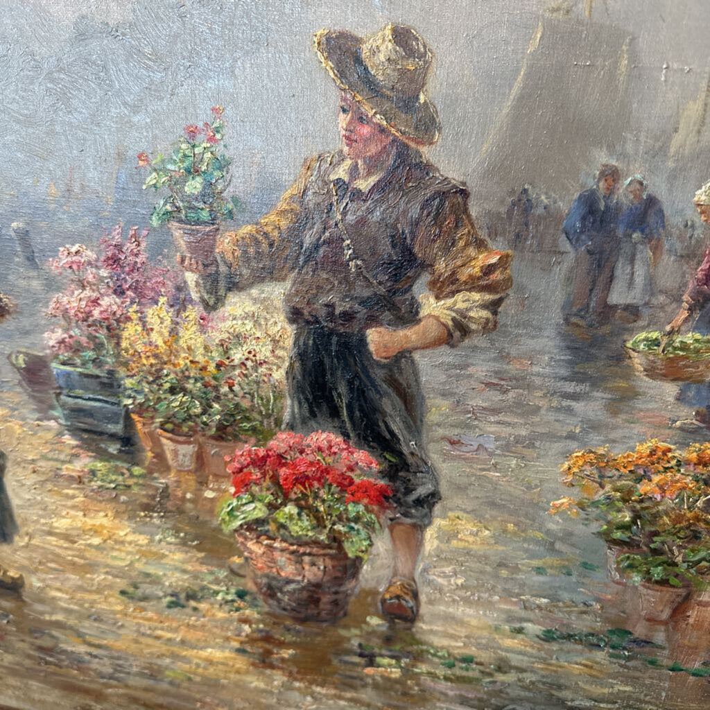 Original Gustav Prucha "Flower Sellers by the Dock" - 34X29.5H