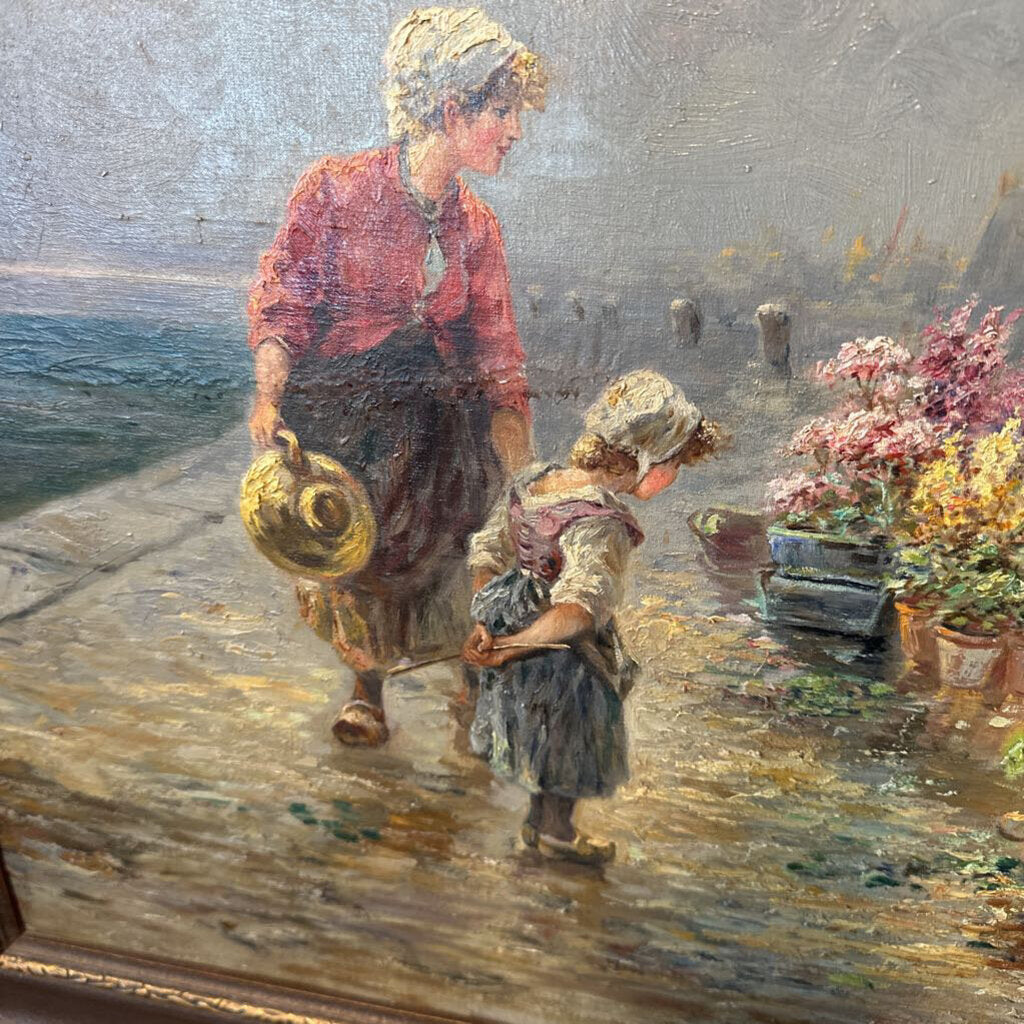 Original Gustav Prucha "Flower Sellers by the Dock" - 34X29.5H