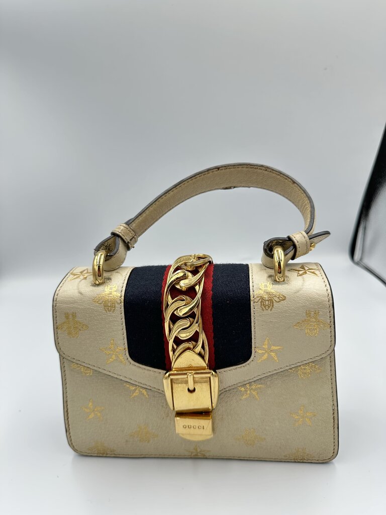 Gucci Sylvie Bee Star Cream Leather Top Handle Bag w/ Strap